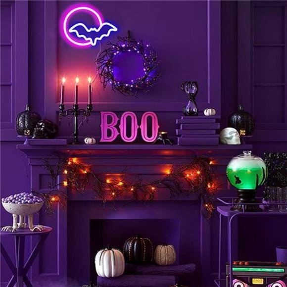 Neon Signs, Moon and Bat LED Neon Lights, Neon Light Sign for Wall USB/Battery - Picture 5 of 6